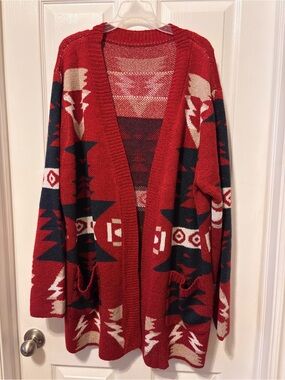 Source Unknown Red Aztec-Pattern Open-Front Cardigan